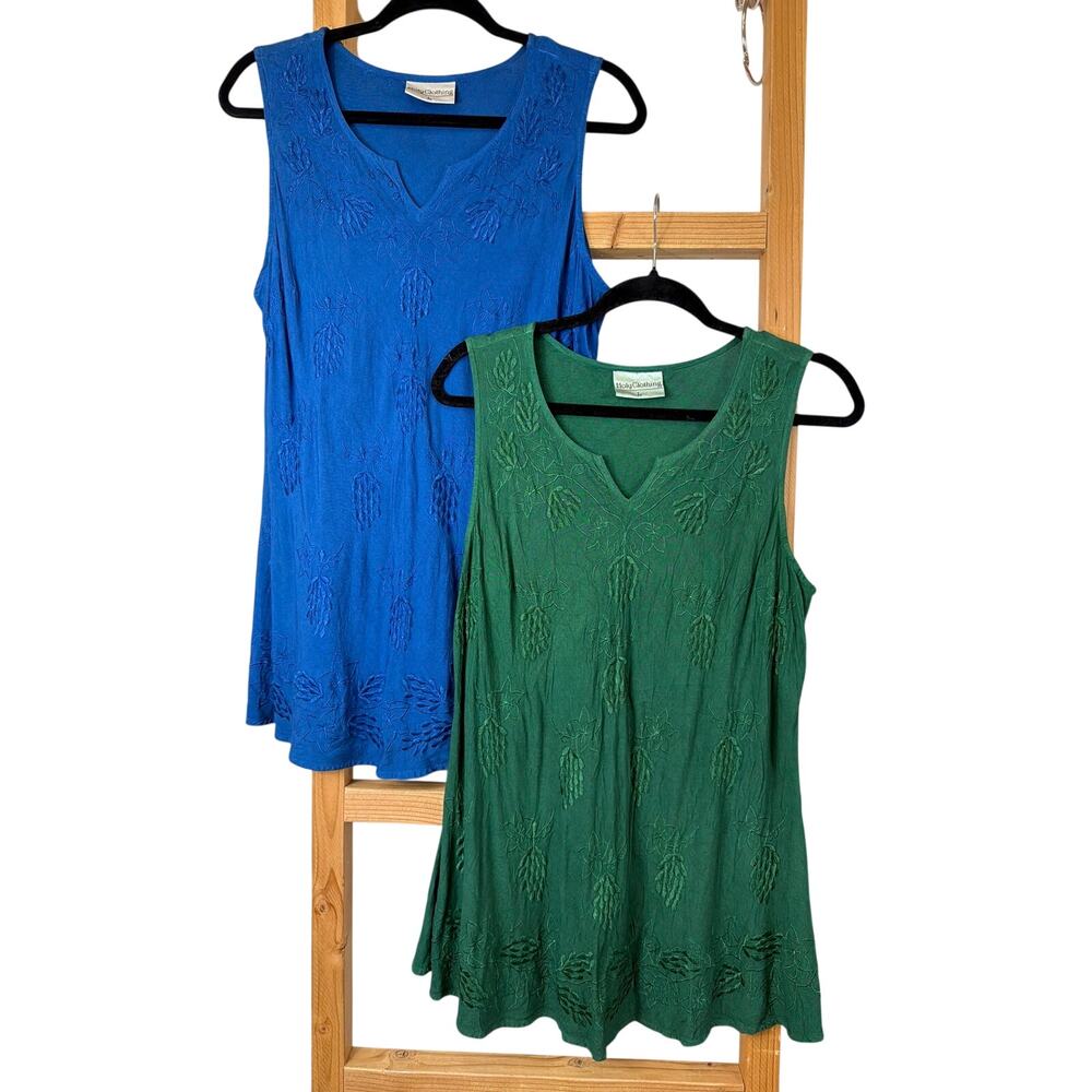 LOT of 2 Holy Clothing Green Blue Floral Embroidery Tops Bundle Size LARGE